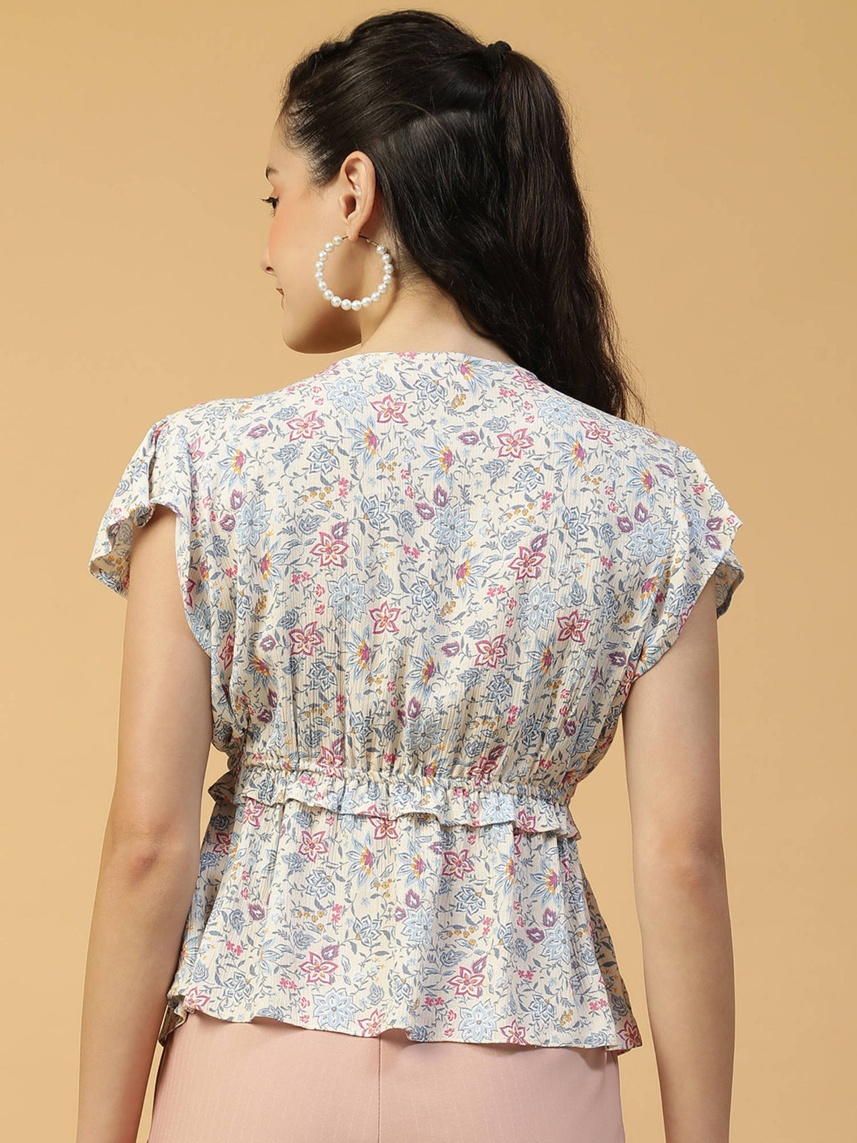 Women Multicolour Floral Print V-Neck Short Sleeve Frill Detail Peplum Top | pt51 - view 3