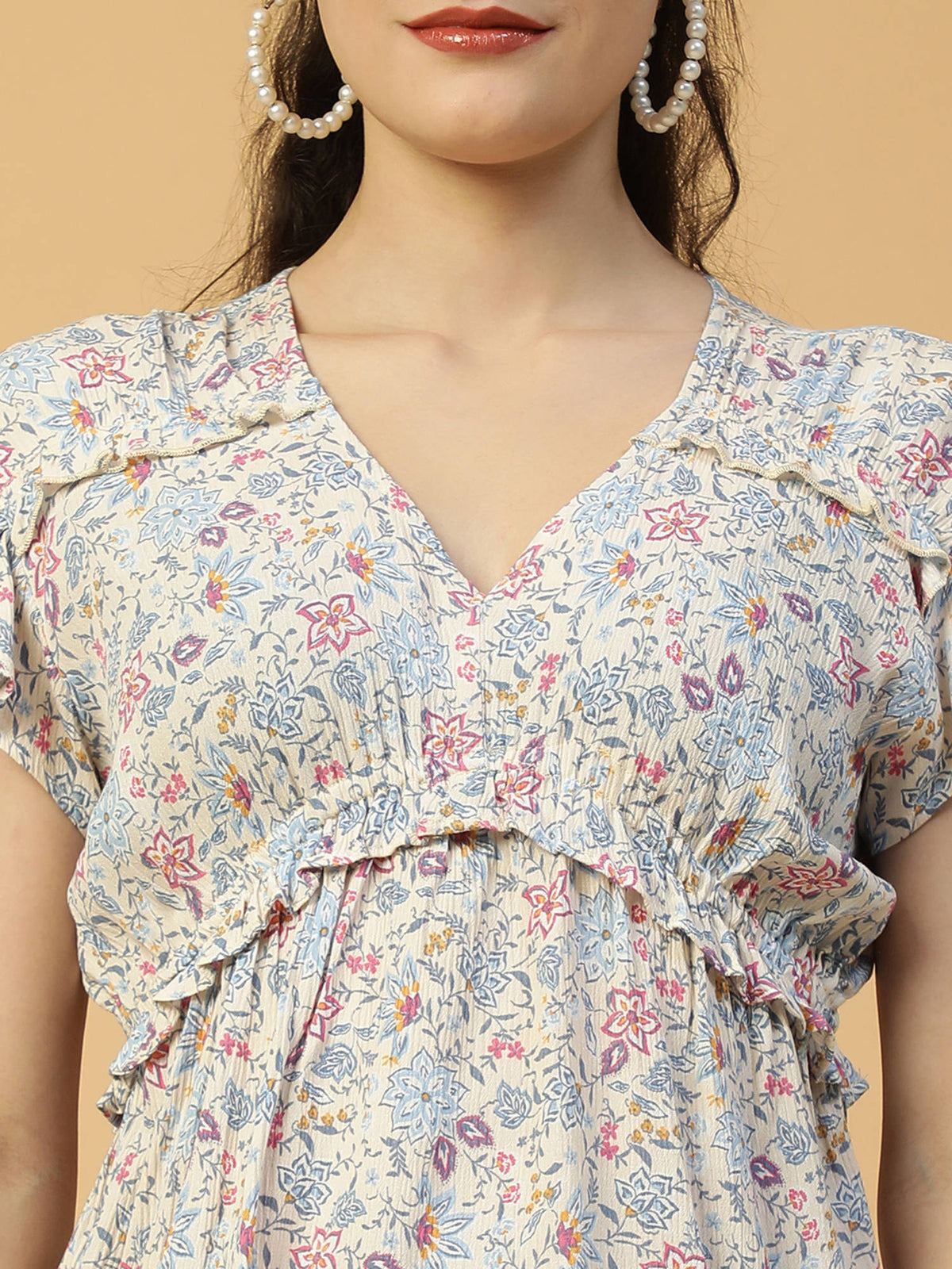 Women Multicolour Floral Print V-Neck Short Sleeve Frill Detail Peplum Top | pt51 - view 4
