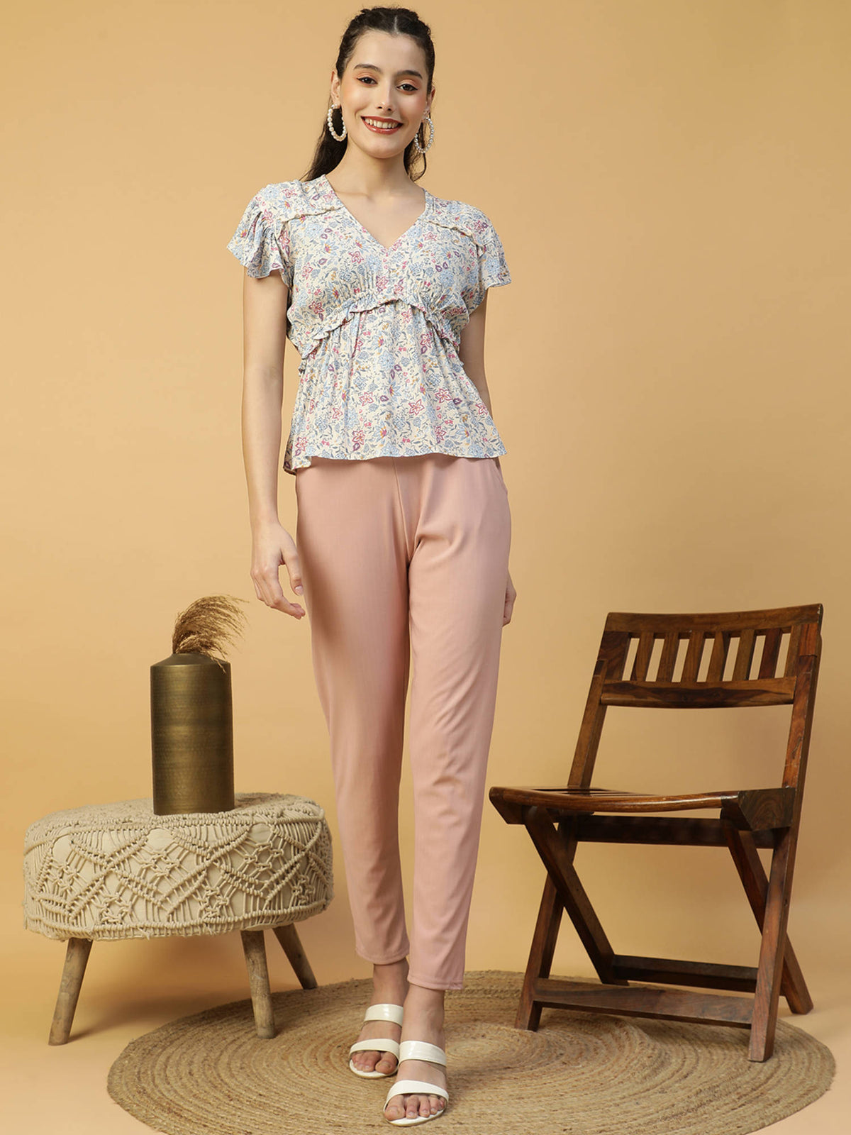 Women Multicolour Floral Print V-Neck Short Sleeve Frill Detail Peplum Top | pt51 - view 5