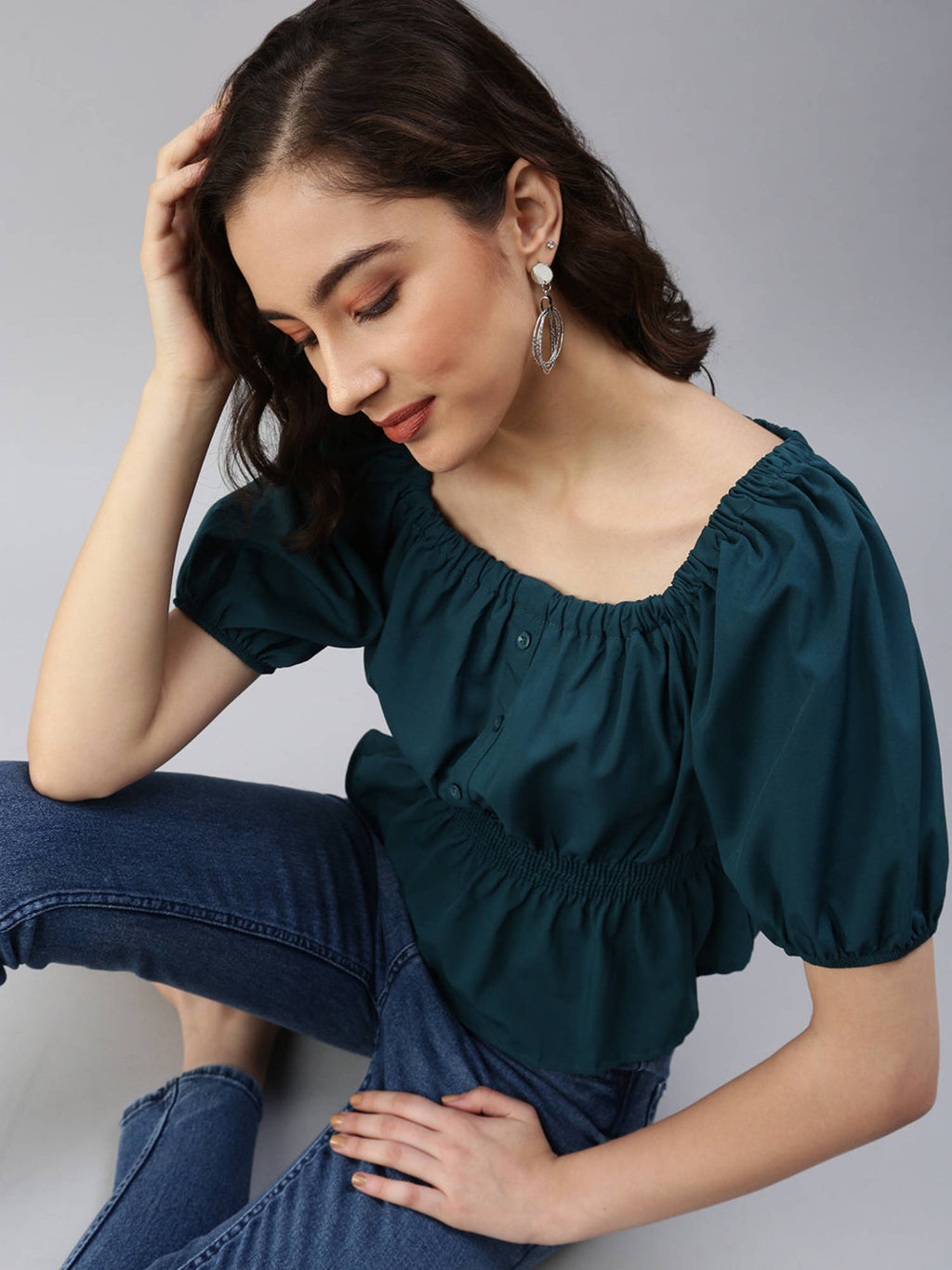 Women Green Solid Peplum Top | pt51 - view 2