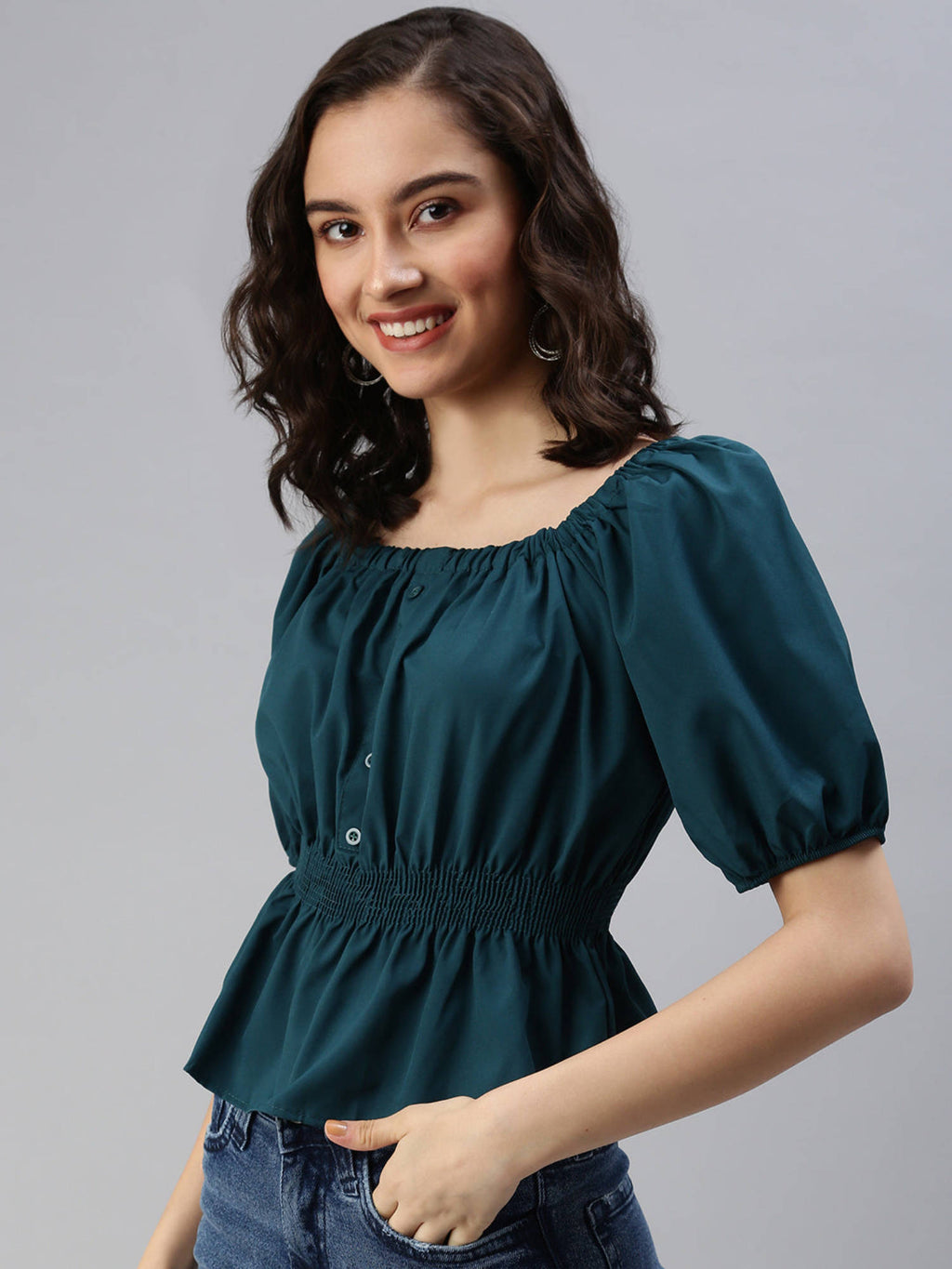 Women Green Solid Peplum Top | pt51 - view 3