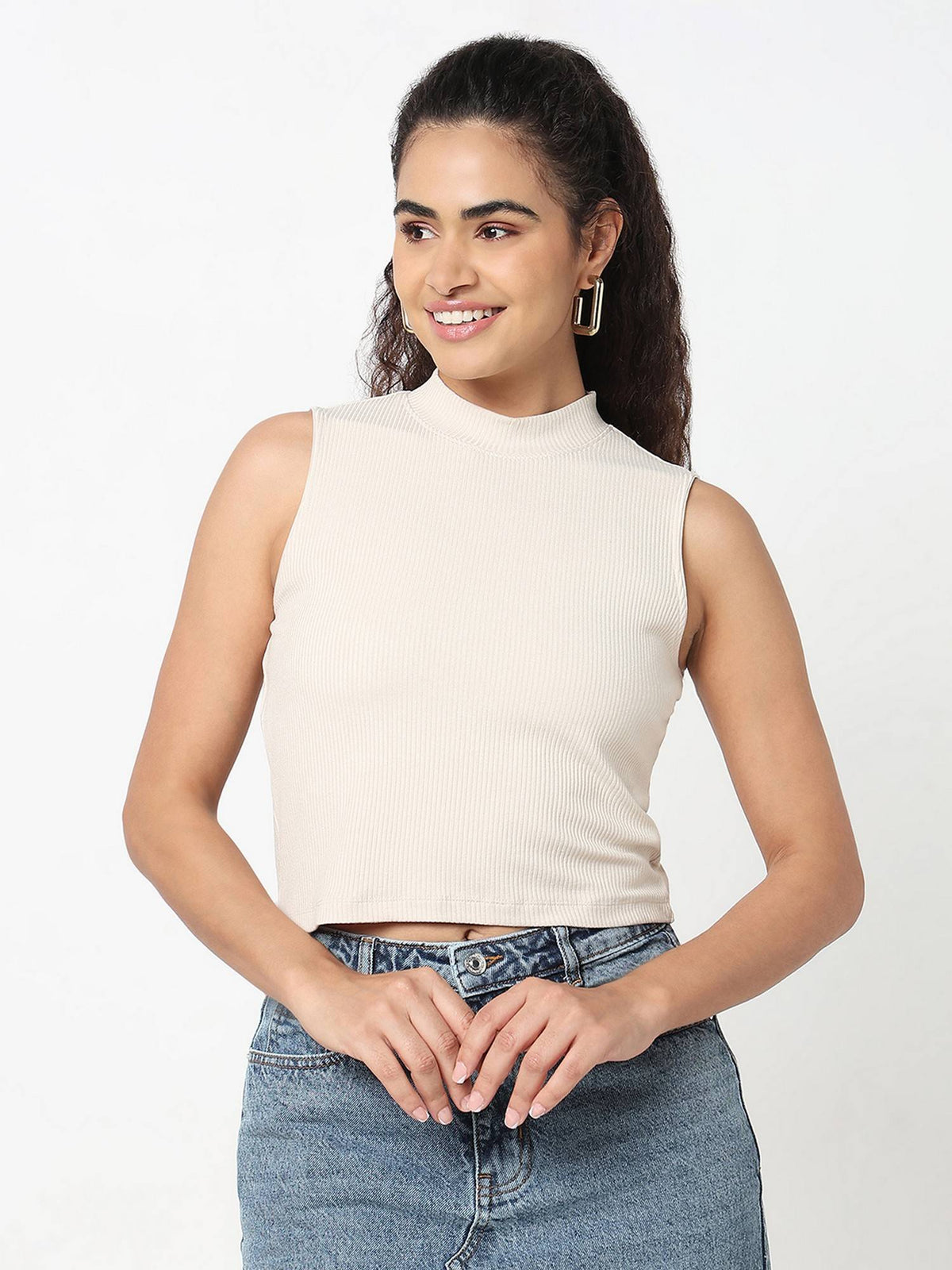 Solid Slim Women Beige Tank Top | TT98 - view 1