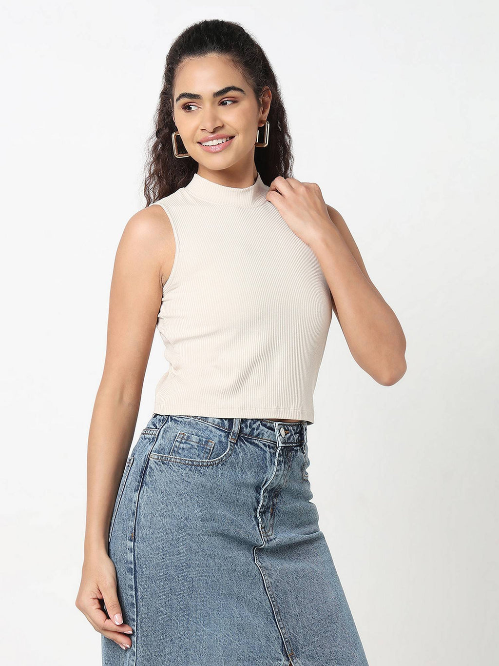 Solid Slim Women Beige Tank Top | TT98 - view 4