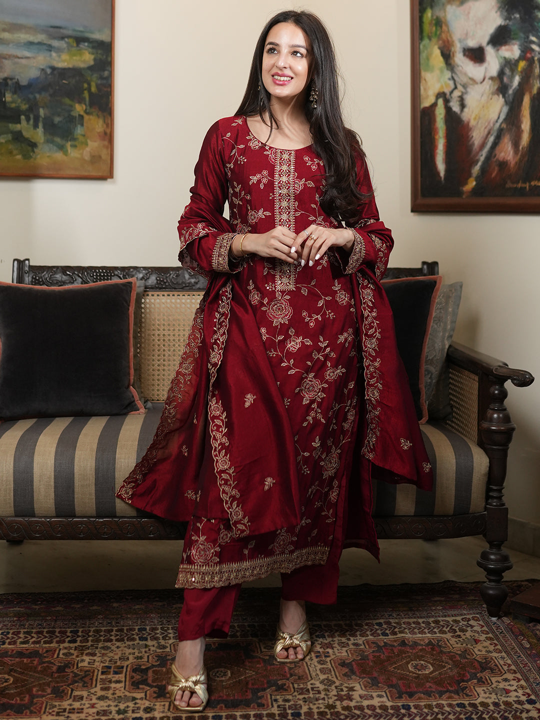 Libas Maroon Embroidered Silk Blend Straight Suit With Dupatta
