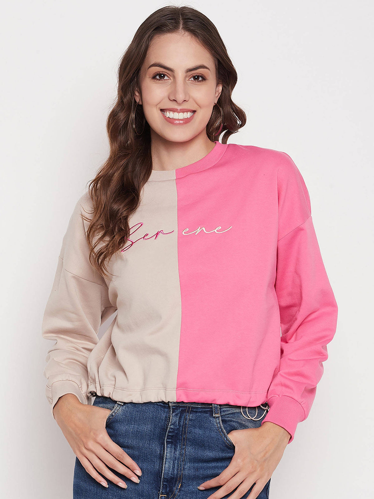 Women Color Block Beige and Fuschia Sweatshirt | HD56 - view 1