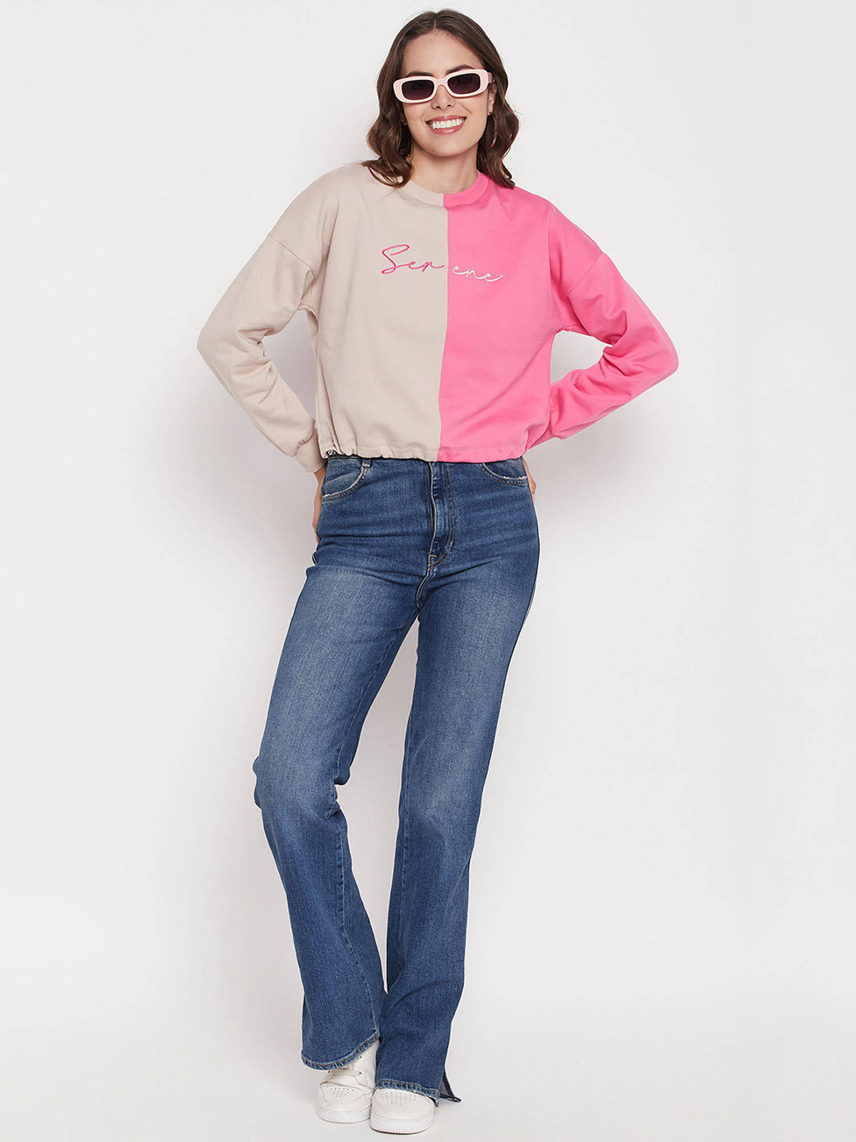 Women Color Block Beige and Fuschia Sweatshirt | SS90 - view 2