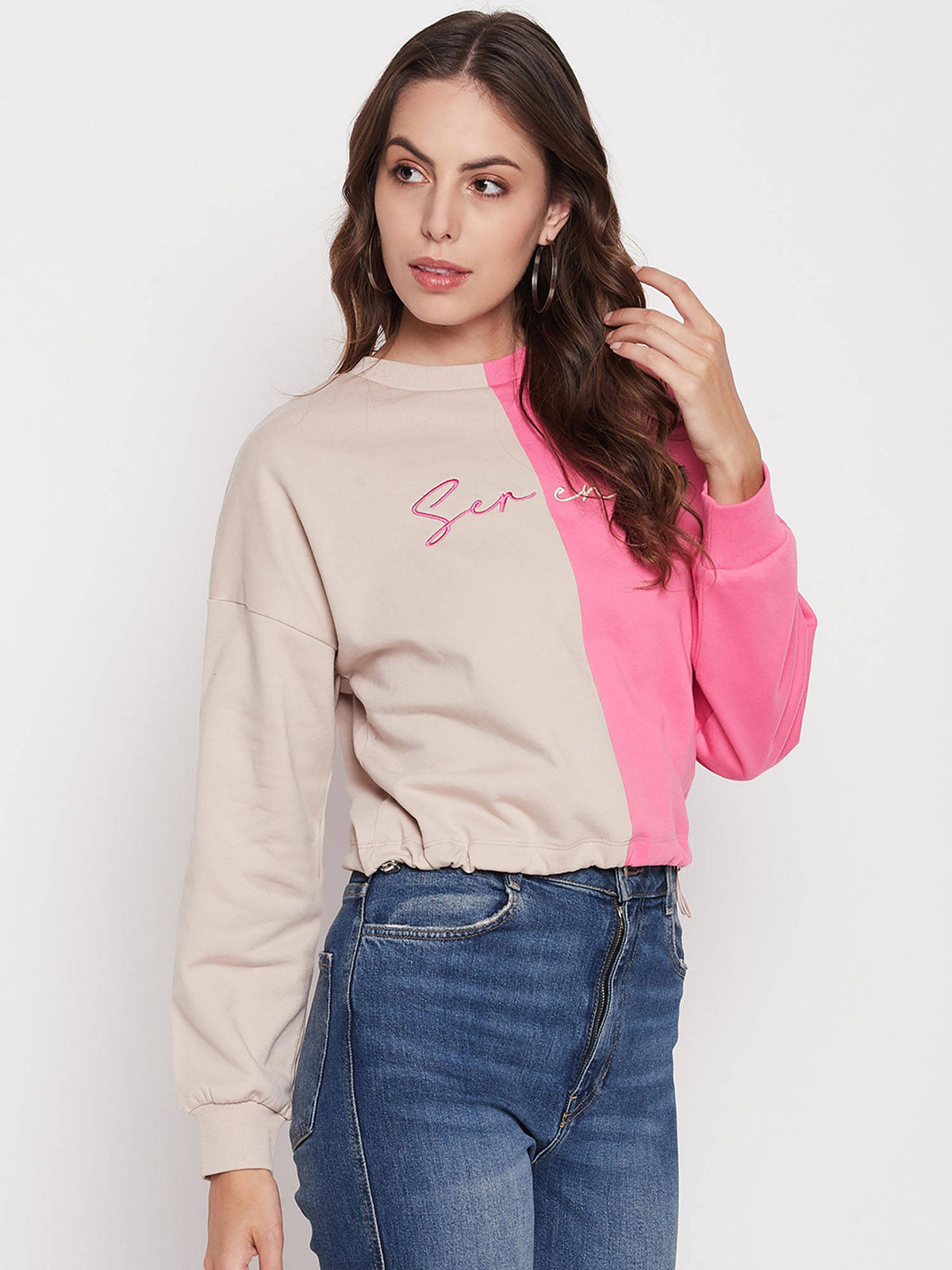 Women Color Block Beige and Fuschia Sweatshirt | HD56 - view 4