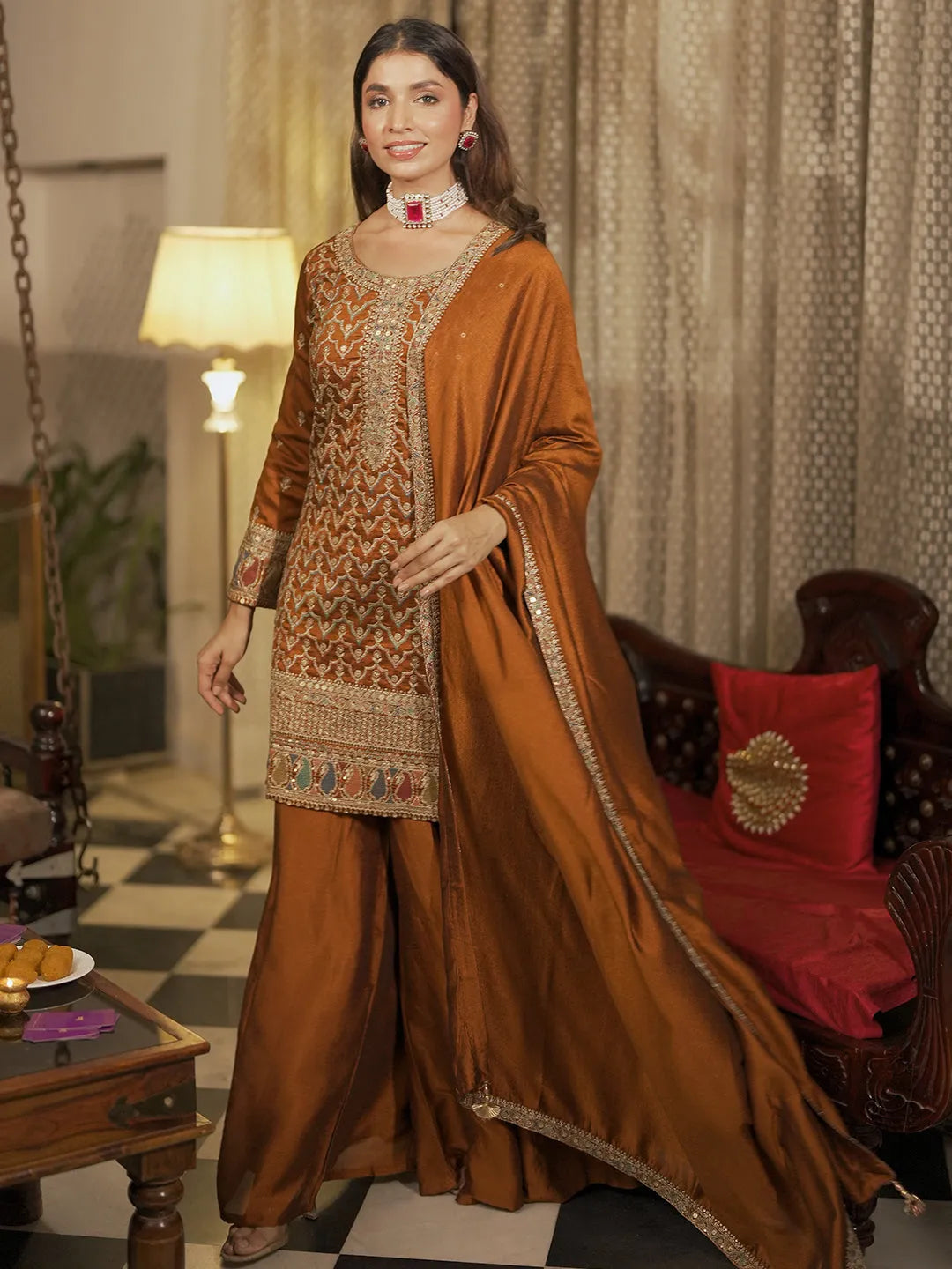 Libas Adaa Rust Embroidered Silk Blend Straight Kurta With Palazzos & Dupatta