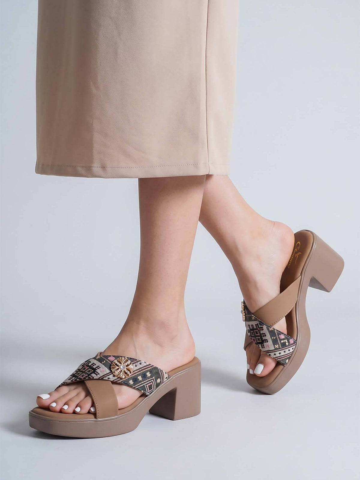 Elegant Cross Strap Wedge Sandals heels with Ethnic Printed Design | H78 - view 1