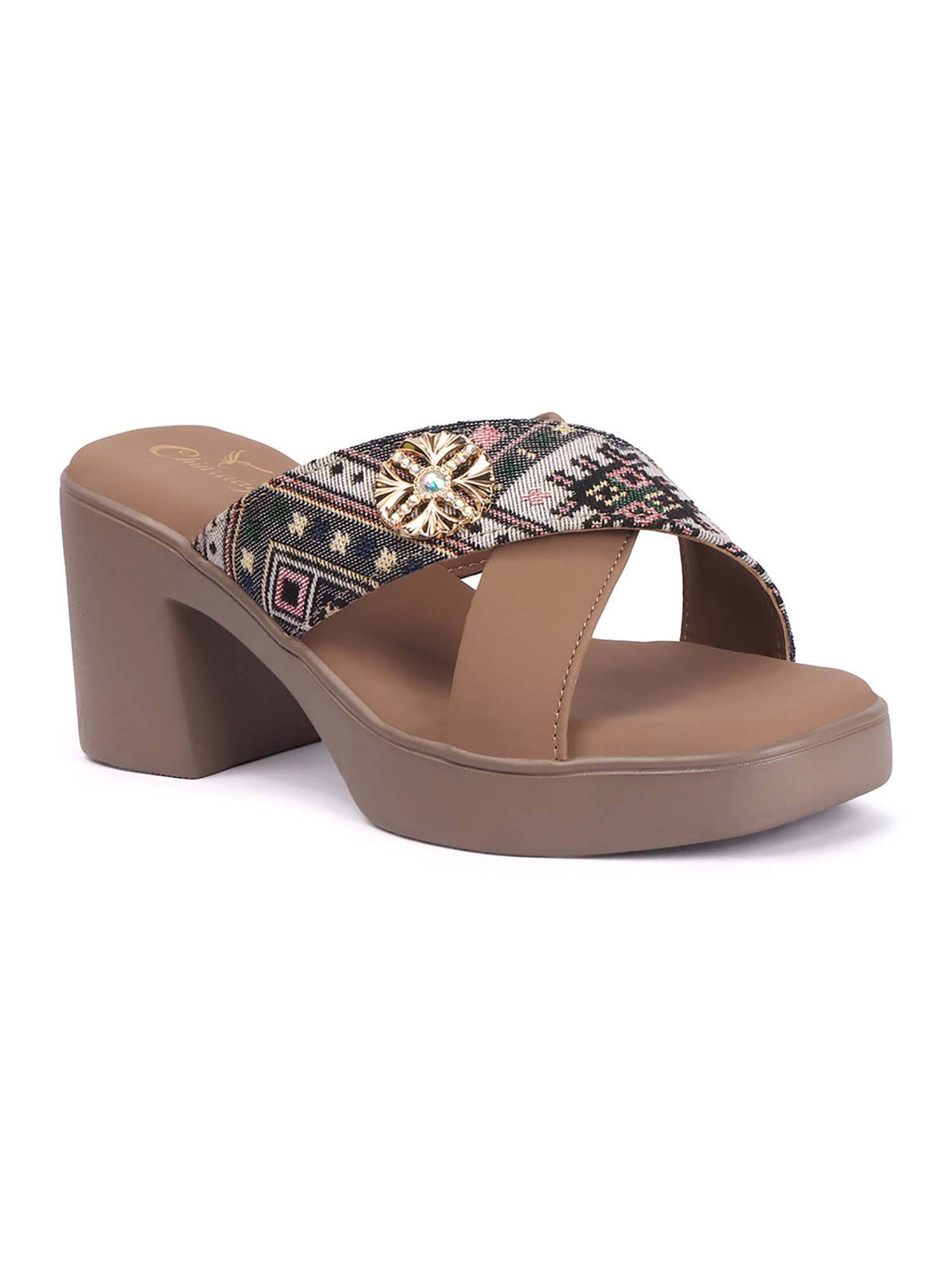Elegant Cross Strap Wedge Sandals heels with Ethnic Printed Design | H78 - view 3