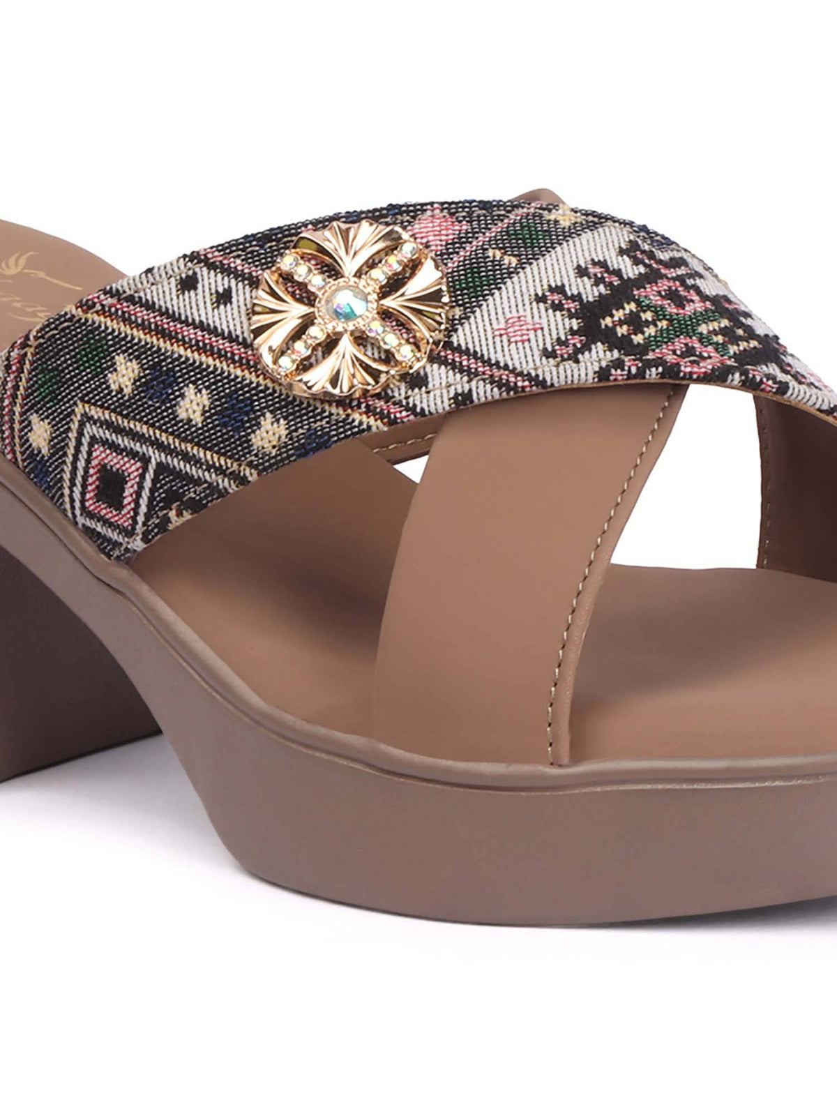 Elegant Cross Strap Wedge Sandals heels with Ethnic Printed Design | H78 - view 4