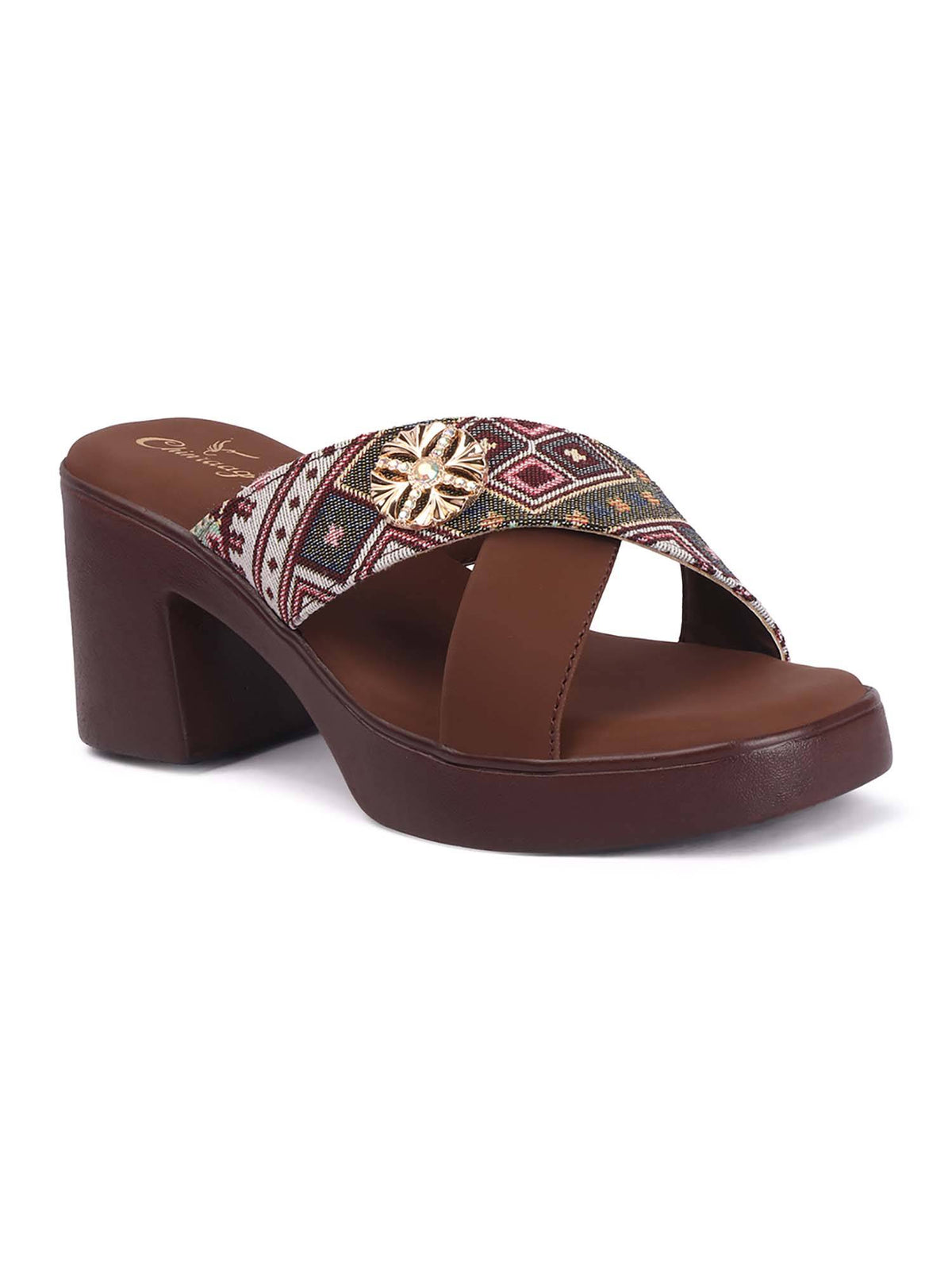 Elegant Cross Strap Wedge Sandals heels with Ethnic Printed Design | H78 - view 3