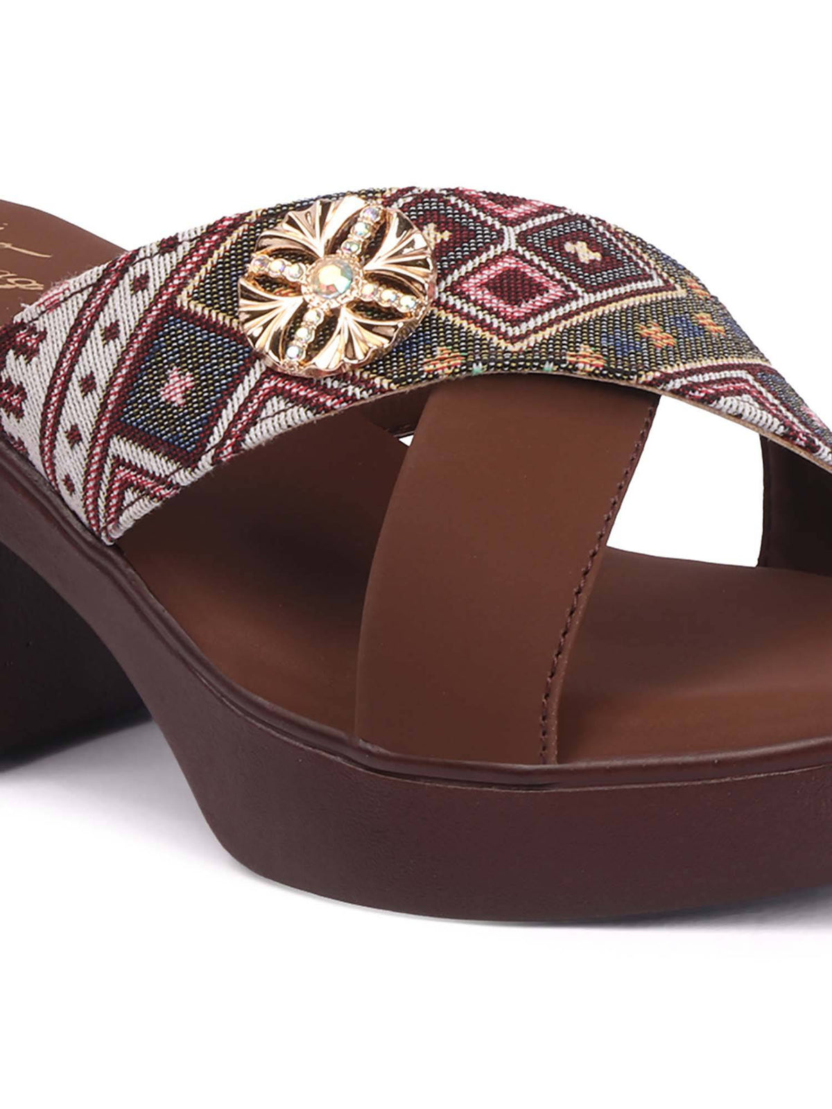 Elegant Cross Strap Wedge Sandals heels with Ethnic Printed Design | H78 - view 4