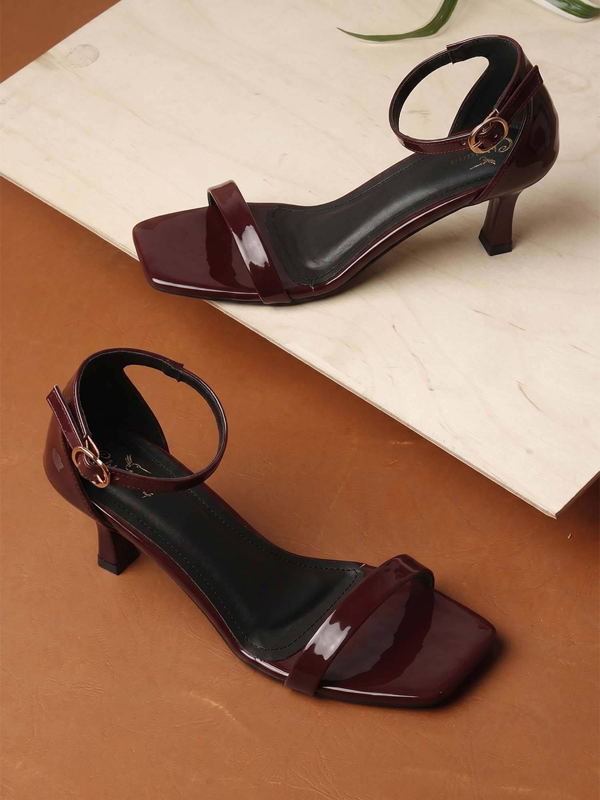 WoMen Glossy Maroon Ankle Strap Square Toe High Sandals heels | H78 - view 2