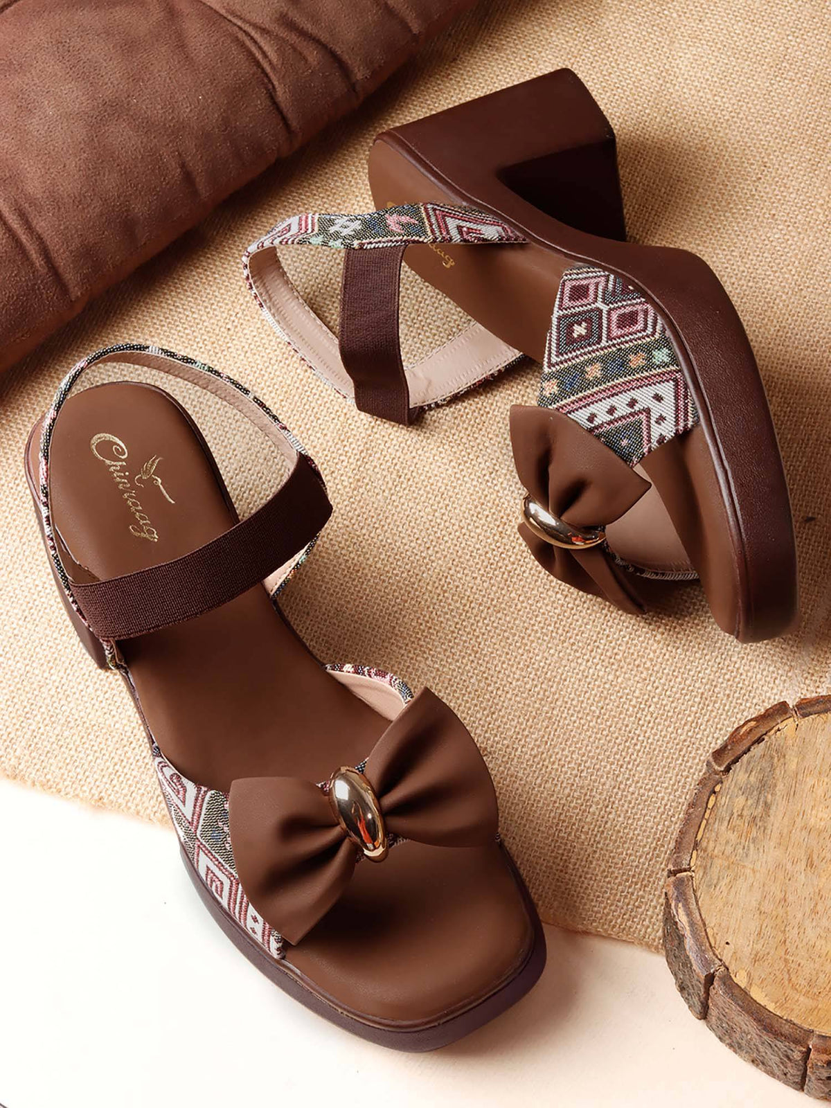 Women Brown Bow Detail Block Sandals heels | H78 - view 2