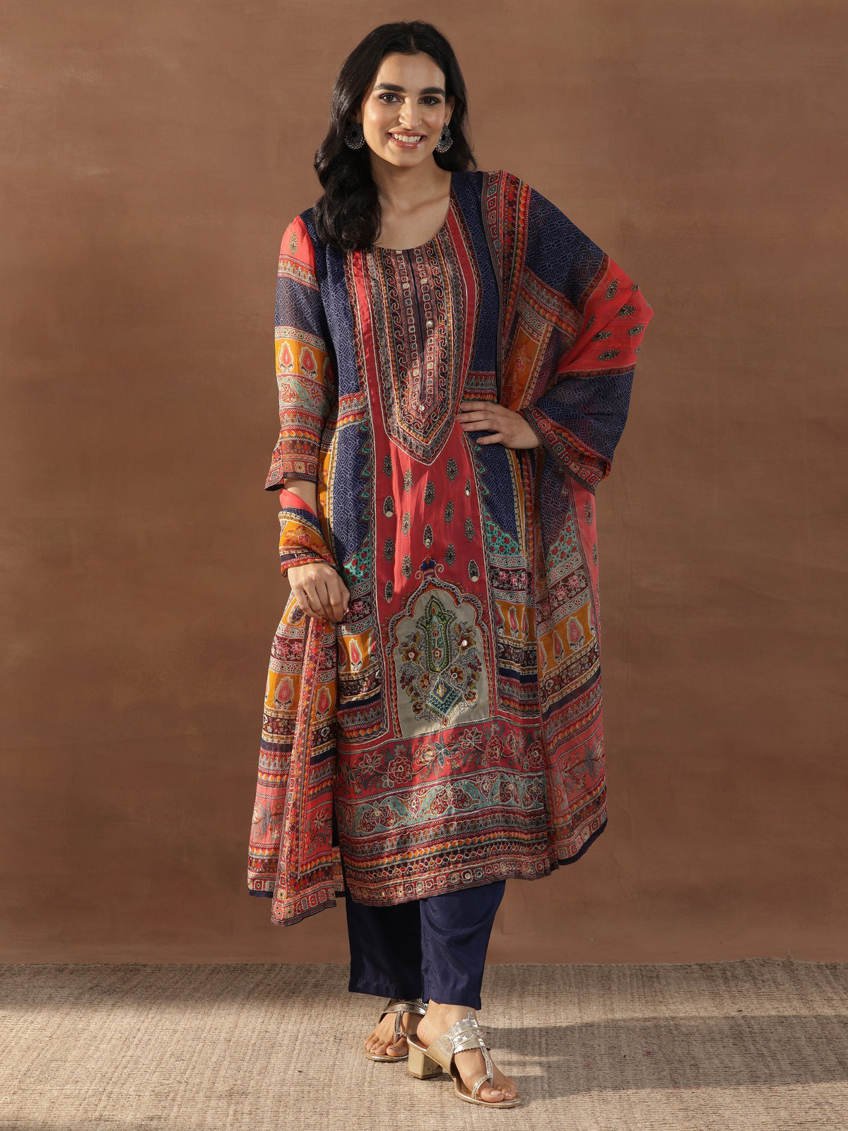 Libas Multicoloured Printed Organza Straight Suit Set With Dupatta