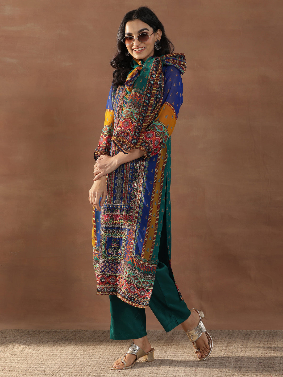 Libas Multicoloured Printed Organza Straight Suit Set With Dupatta