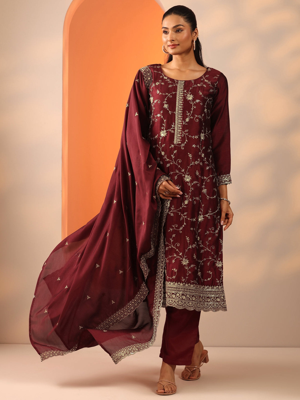 Libas Maroon Embroidered Silk Blend Straight Suit Set With Dupatta