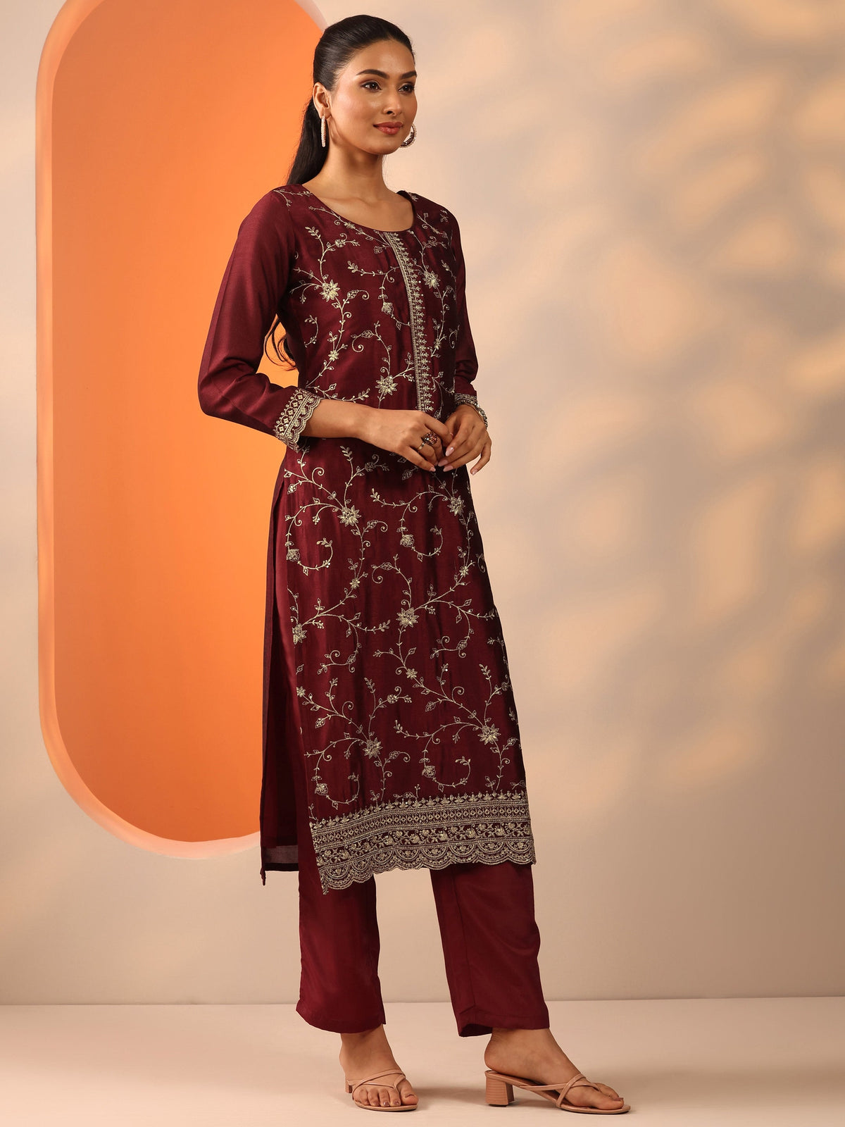 Libas Maroon Embroidered Silk Blend Straight Suit Set With Dupatta