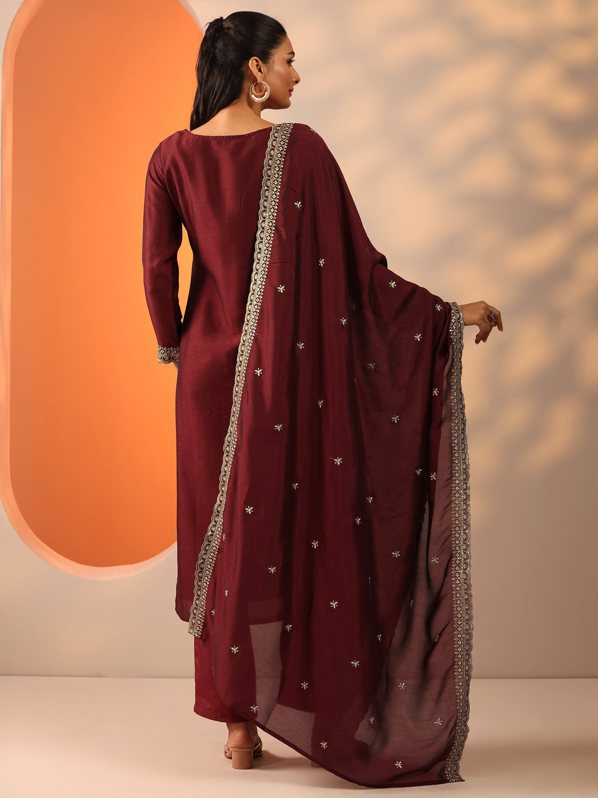 Libas Maroon Embroidered Silk Blend Straight Suit Set With Dupatta