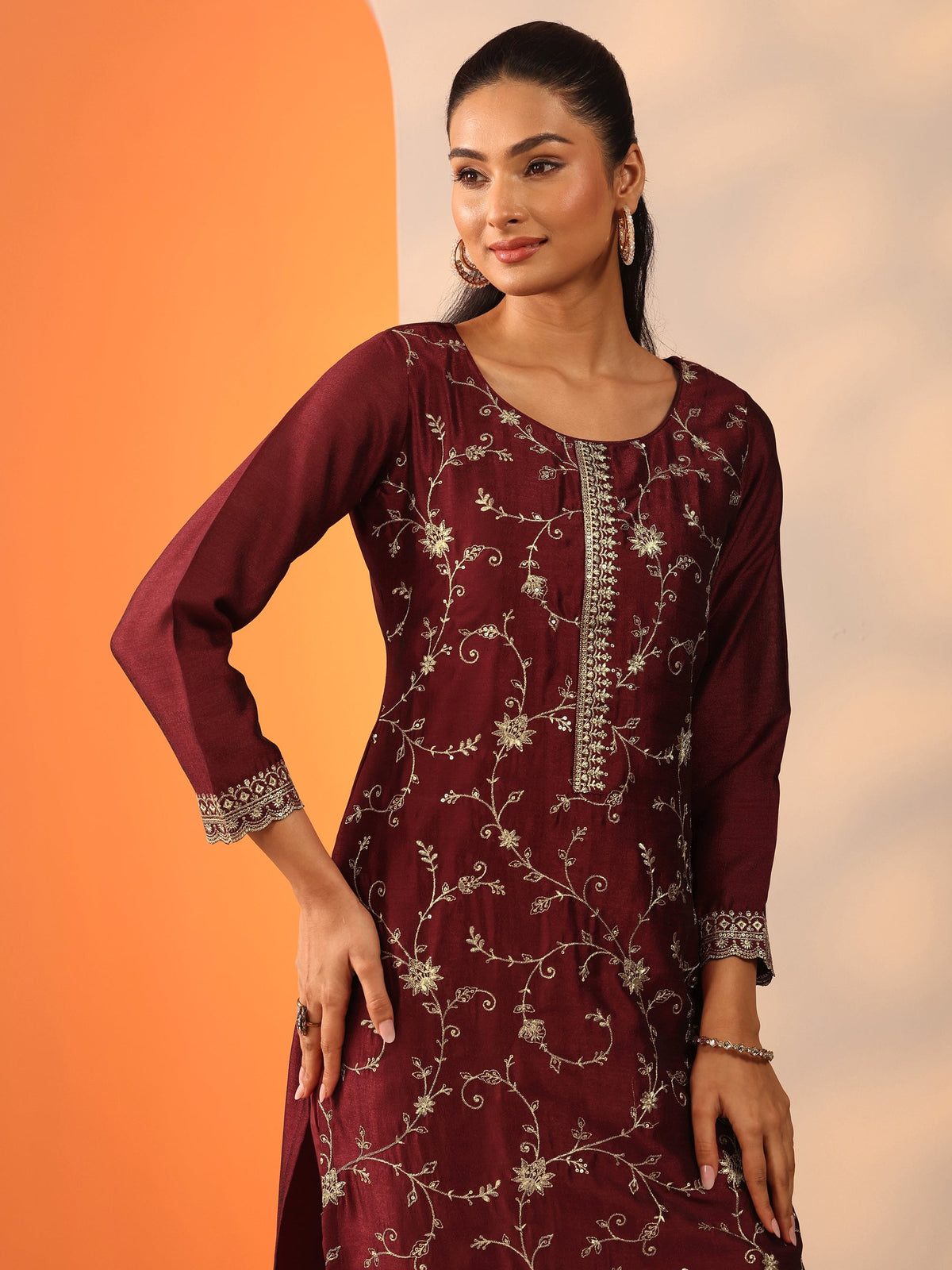 Libas Maroon Embroidered Silk Blend Straight Suit Set With Dupatta