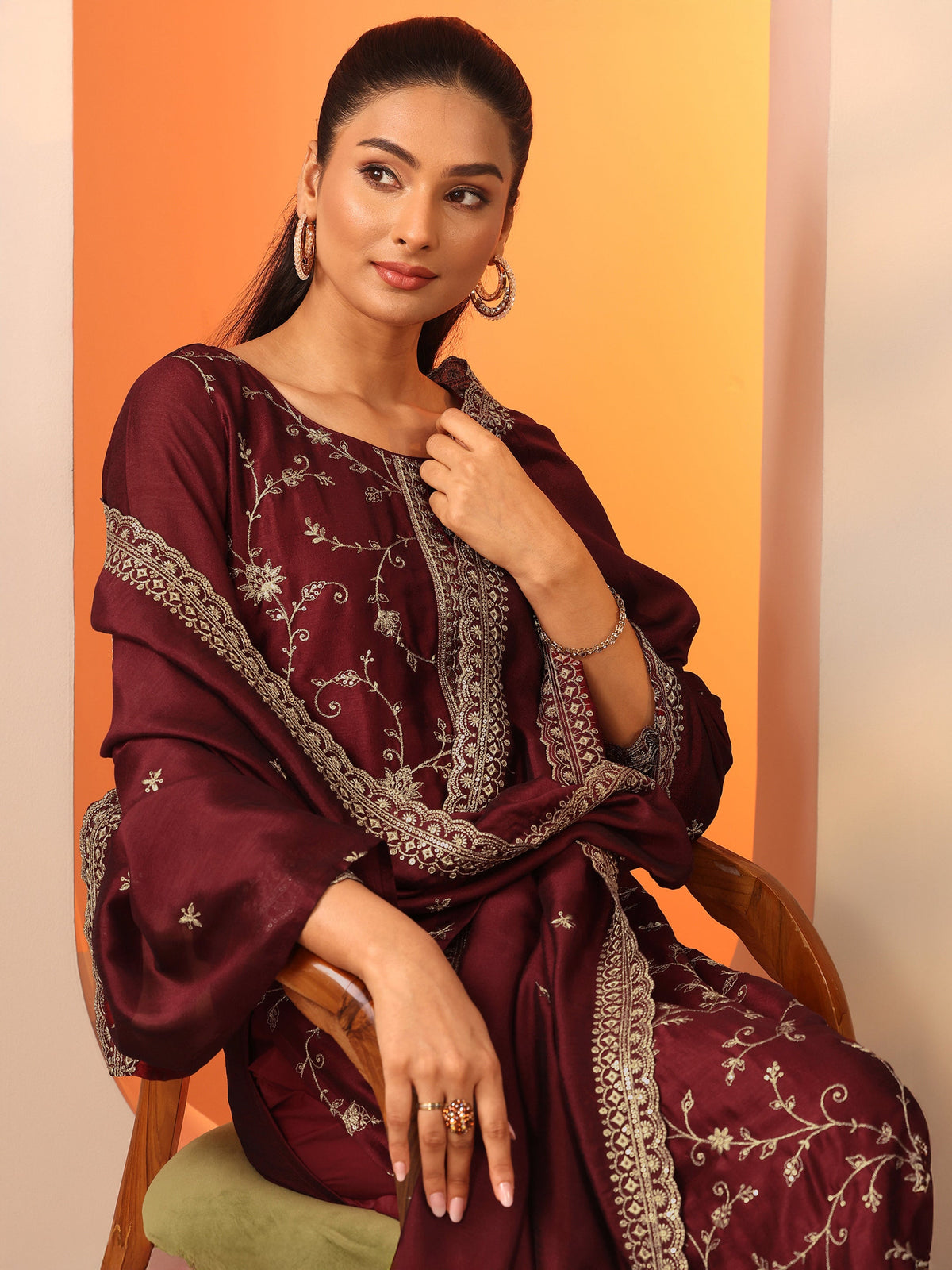 Libas Maroon Embroidered Silk Blend Straight Suit Set With Dupatta