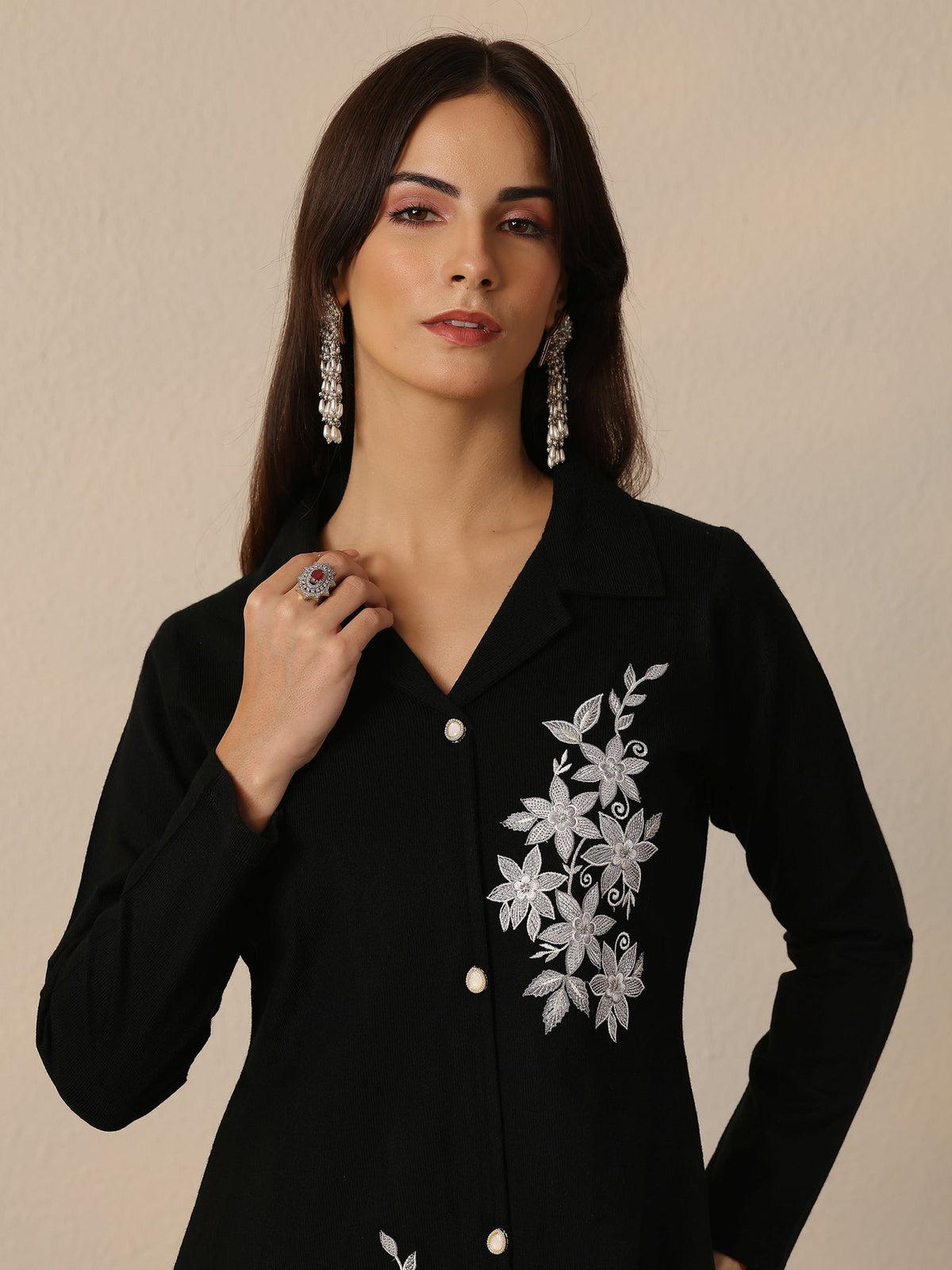 Libas Black Embroidered Wool Co-Ord Sets CO87