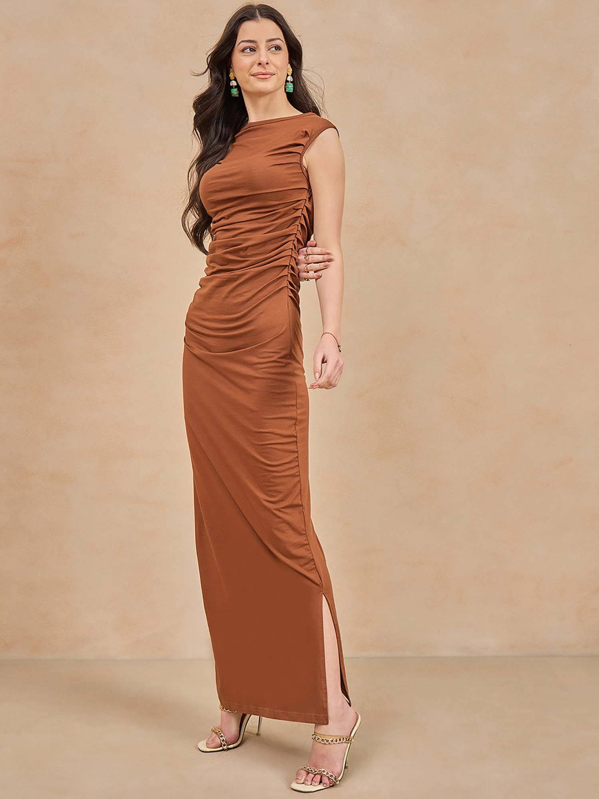 Brown Solid Maxi Dress | D56 - view 1