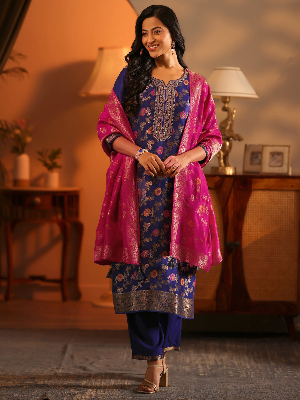 Libas Navy Blue Woven Design Silk Blend Straight Suit Set With Dupatta