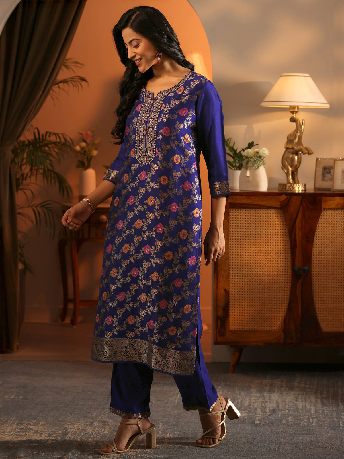 Libas Navy Blue Woven Design Silk Blend Straight Suit Set With Dupatta