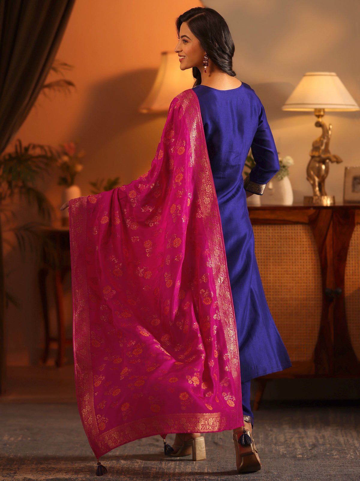 Libas Navy Blue Woven Design Silk Blend Straight Suit Set With Dupatta