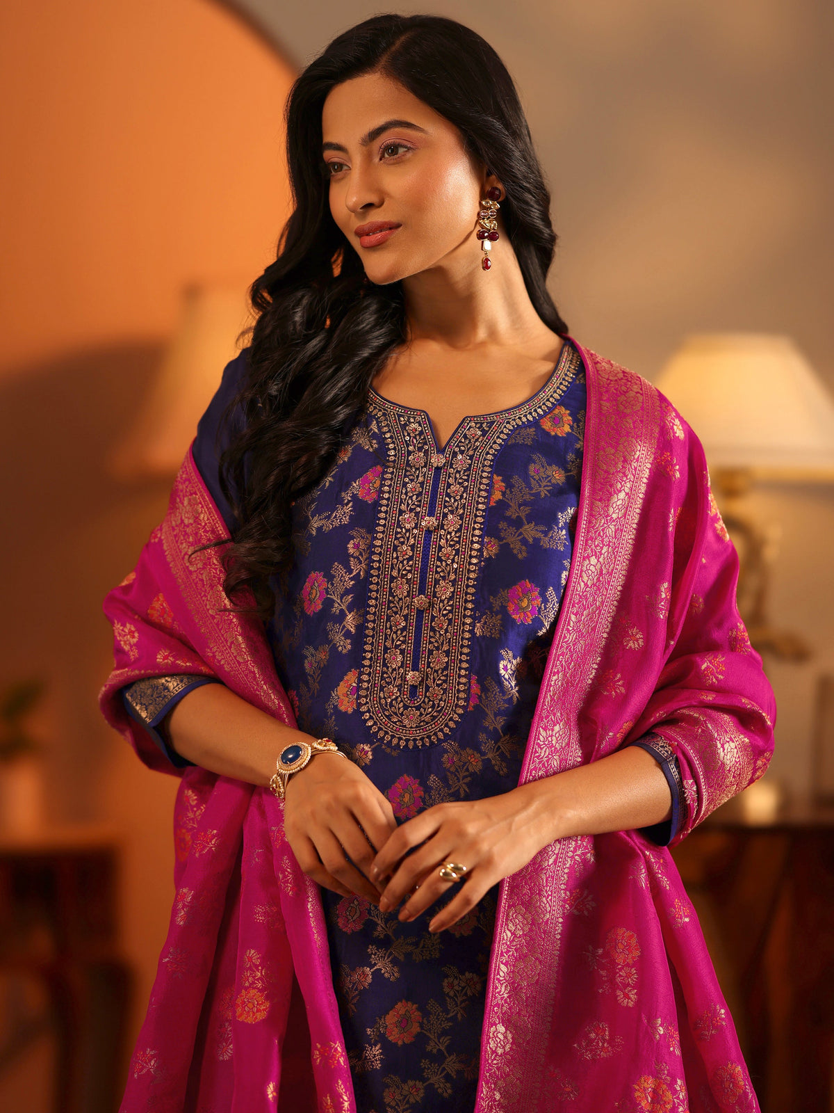 Libas Navy Blue Woven Design Silk Blend Straight Suit Set With Dupatta