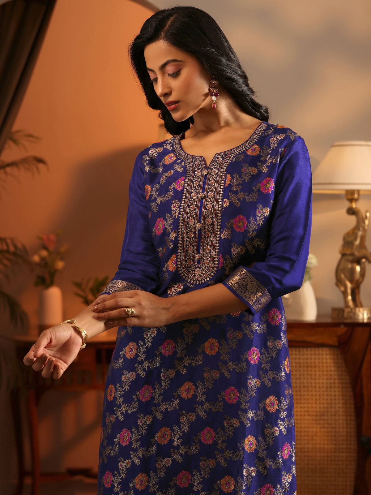 Libas Navy Blue Woven Design Silk Blend Straight Suit Set With Dupatta