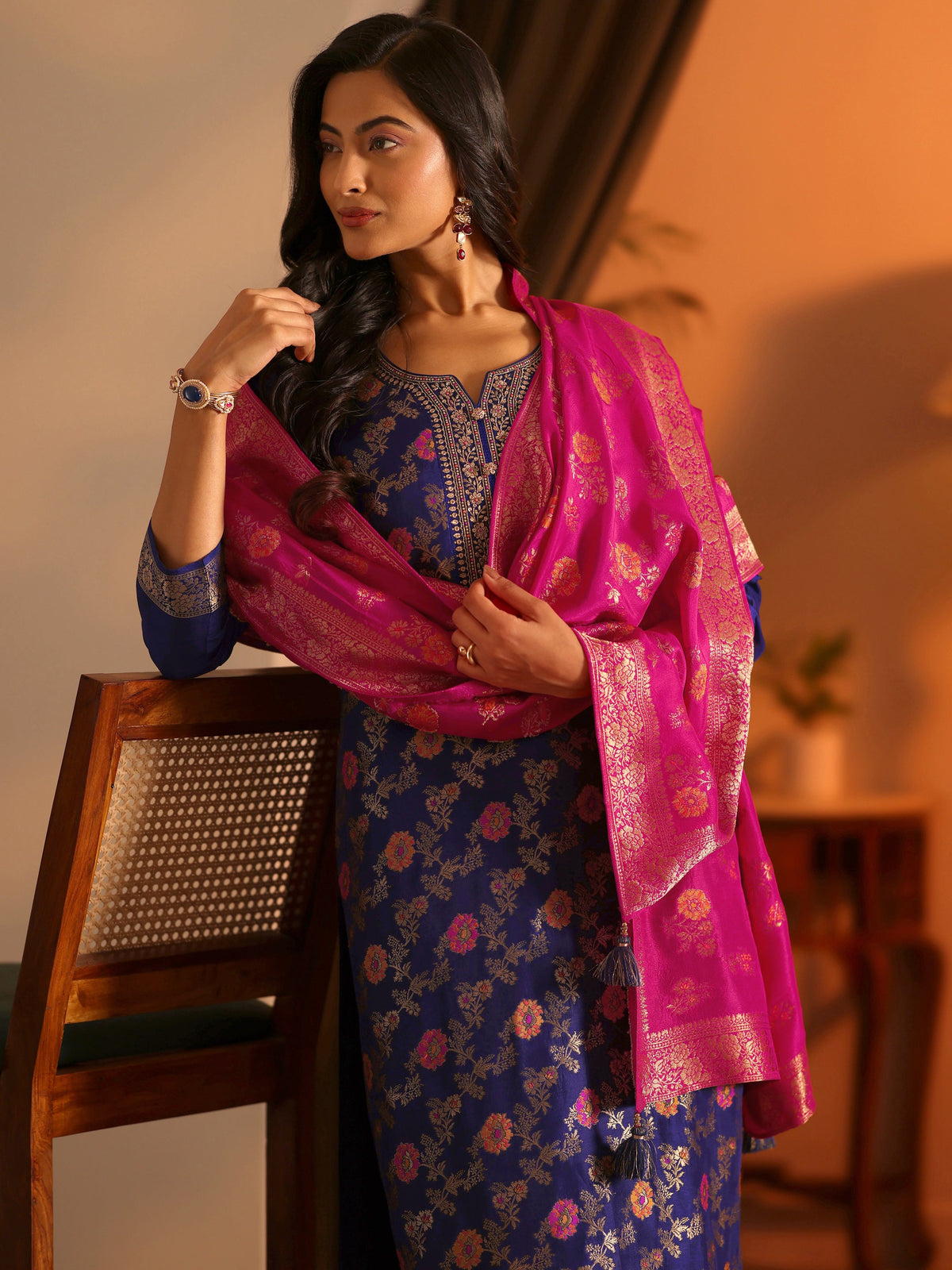 Libas Navy Blue Woven Design Silk Blend Straight Suit Set With Dupatta
