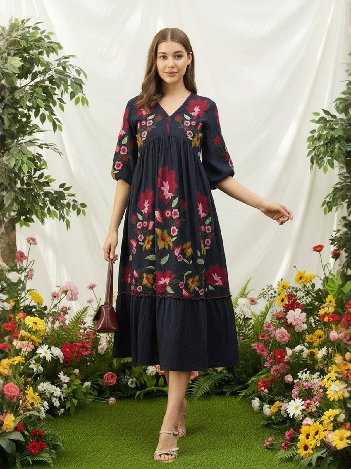 Cotton Black Embroidered Fit & Flare Dress | D56 - view 1