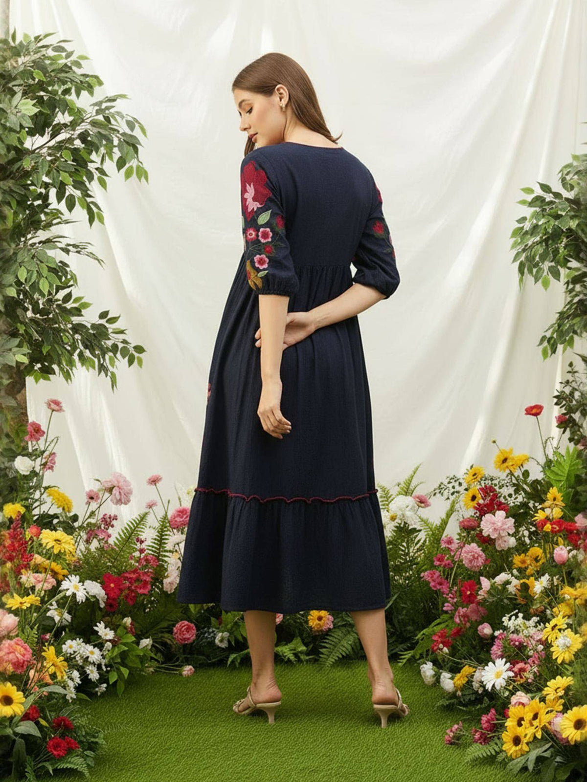 Cotton Black Embroidered Fit & Flare Dress | D56 - view 2