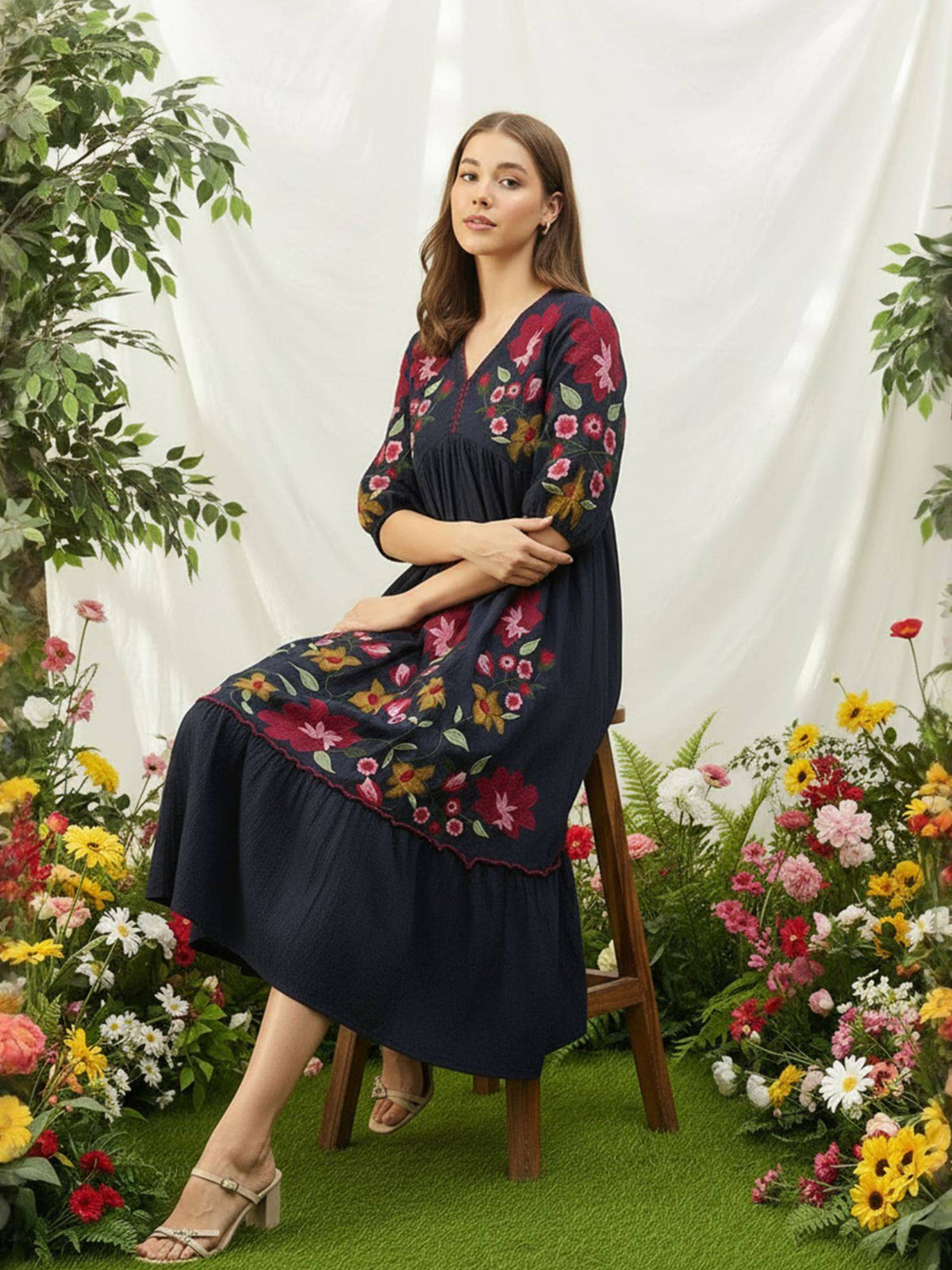 Cotton Black Embroidered Fit & Flare Dress | D56 - view 3