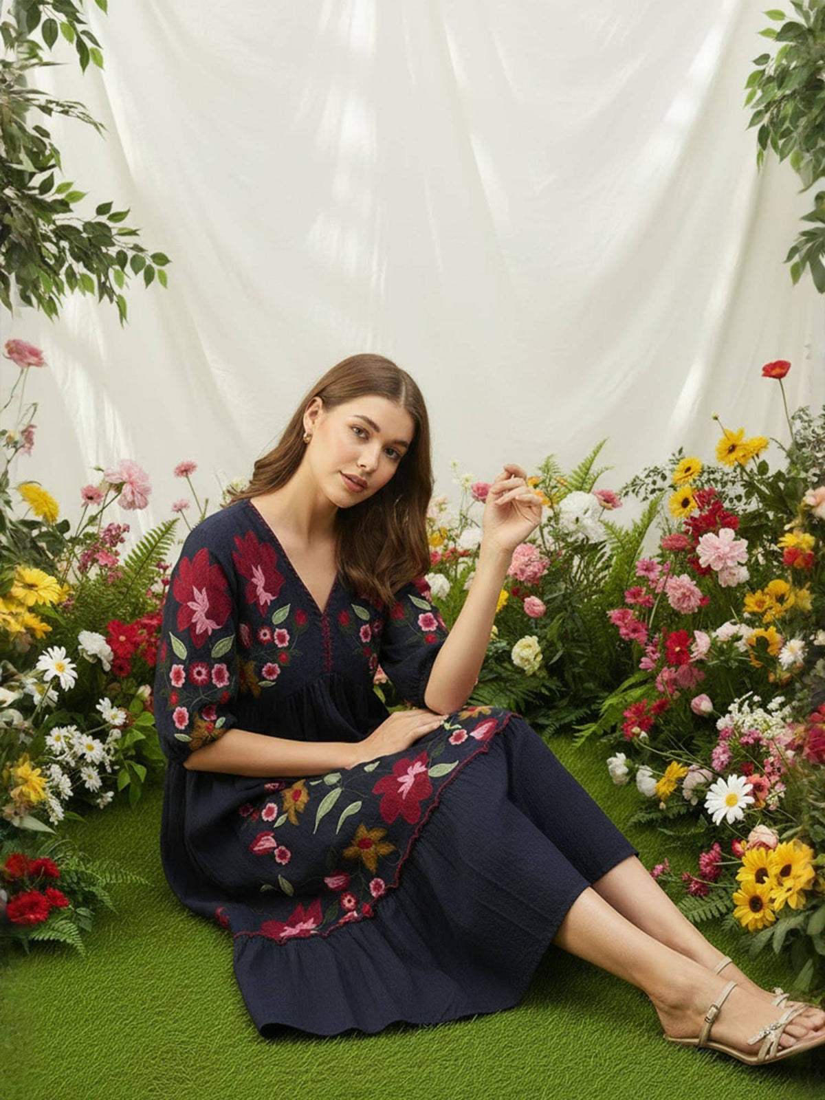 Cotton Black Embroidered Fit & Flare Dress | D56 - view 4