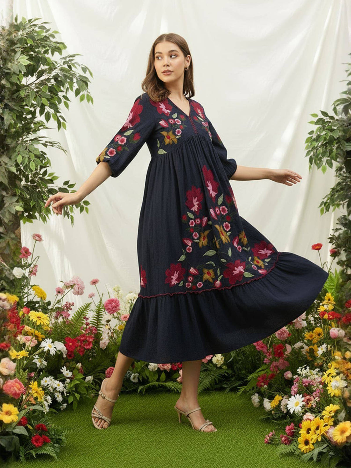 Cotton Black Embroidered Fit & Flare Dress | D56 - view 5