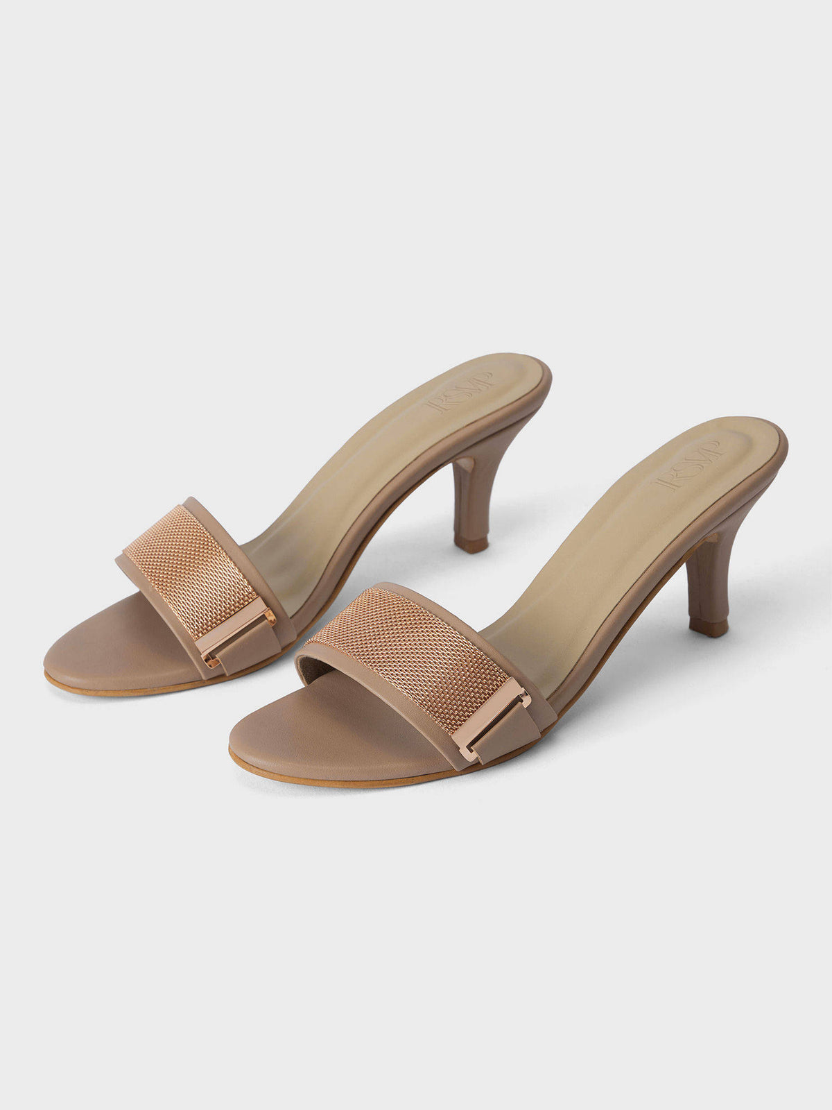 Beige Round Toe Metal Detail Slip On Heels For Women | H78 - view 2