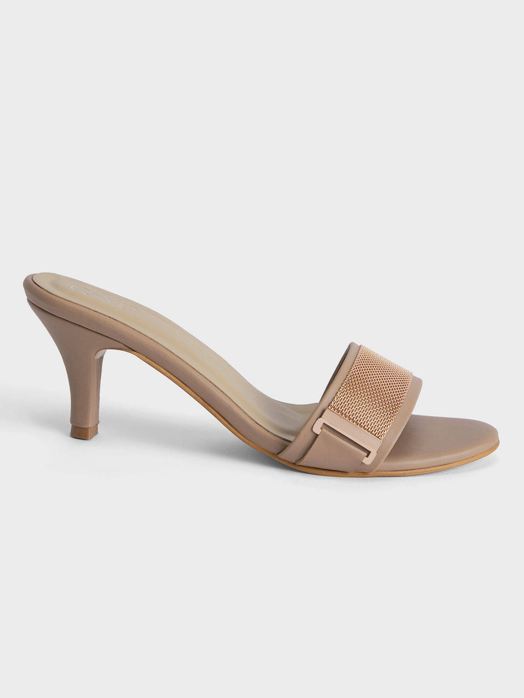 Beige Round Toe Metal Detail Slip On Heels For Women | H78 - view 3