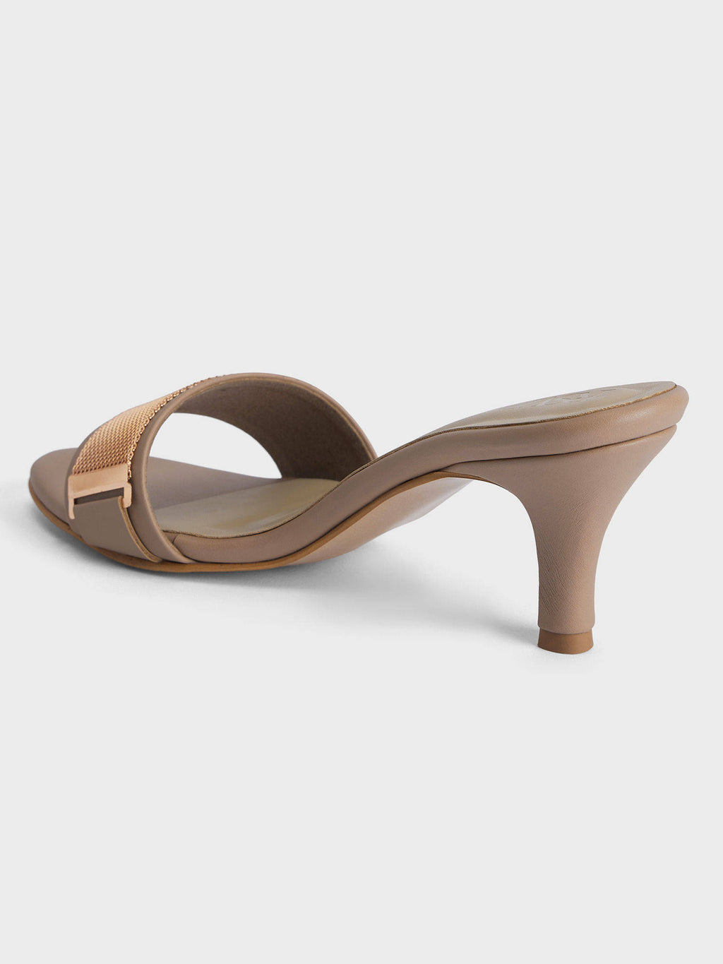 Beige Round Toe Metal Detail Slip On Heels For Women | H78 - view 4