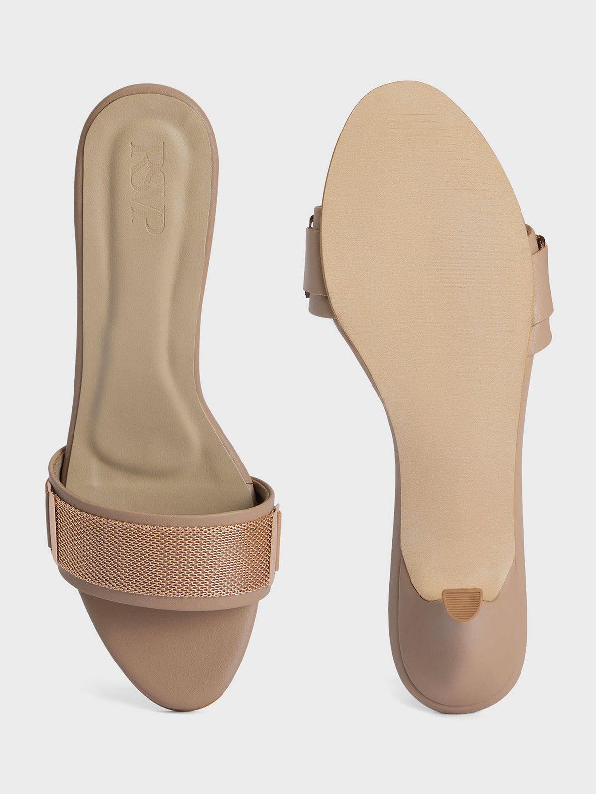 Beige Round Toe Metal Detail Slip On Heels For Women | H78 - view 5
