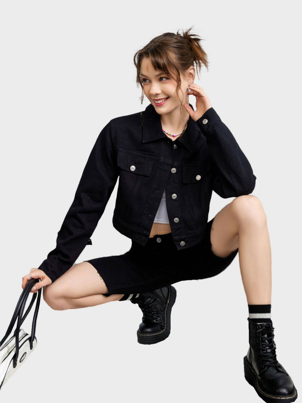 Twill Black Buttoned Women Regular Jacket | JC78 - view 2