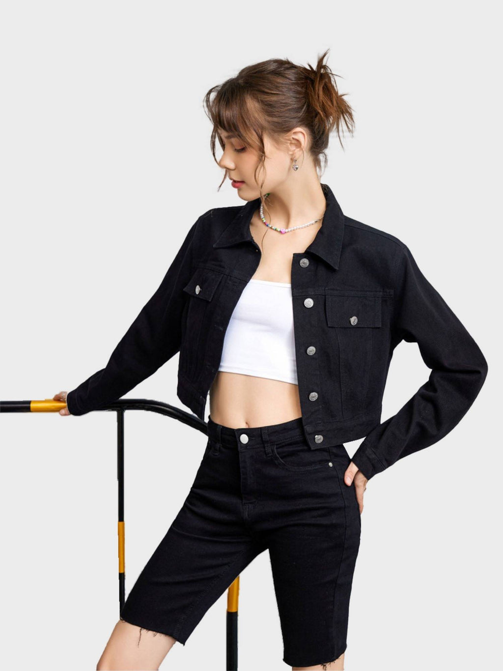 Twill Black Buttoned Women Regular Jacket | JC78 - view 4