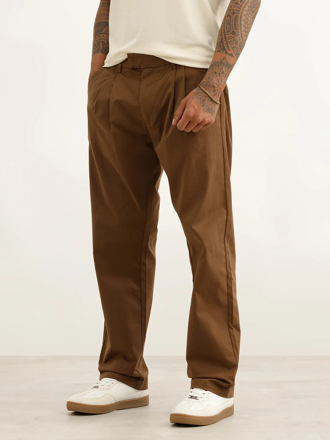 Solid Anti Fit Double Pleated Trouser | Brown