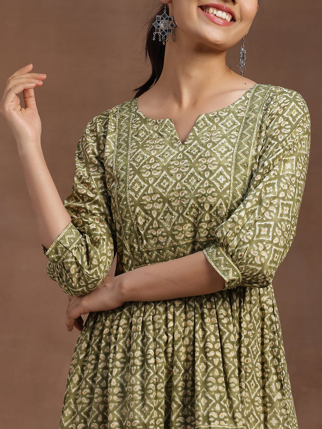Libas Green Printed Cotton A-Line Dress