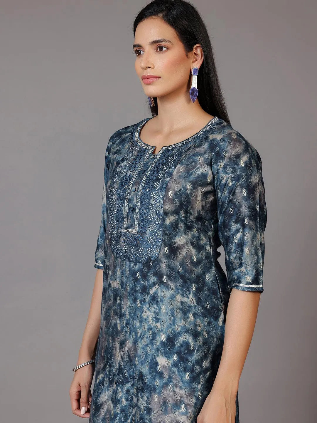 Libas Navy Blue Yoke Design Silk Straight Kurta