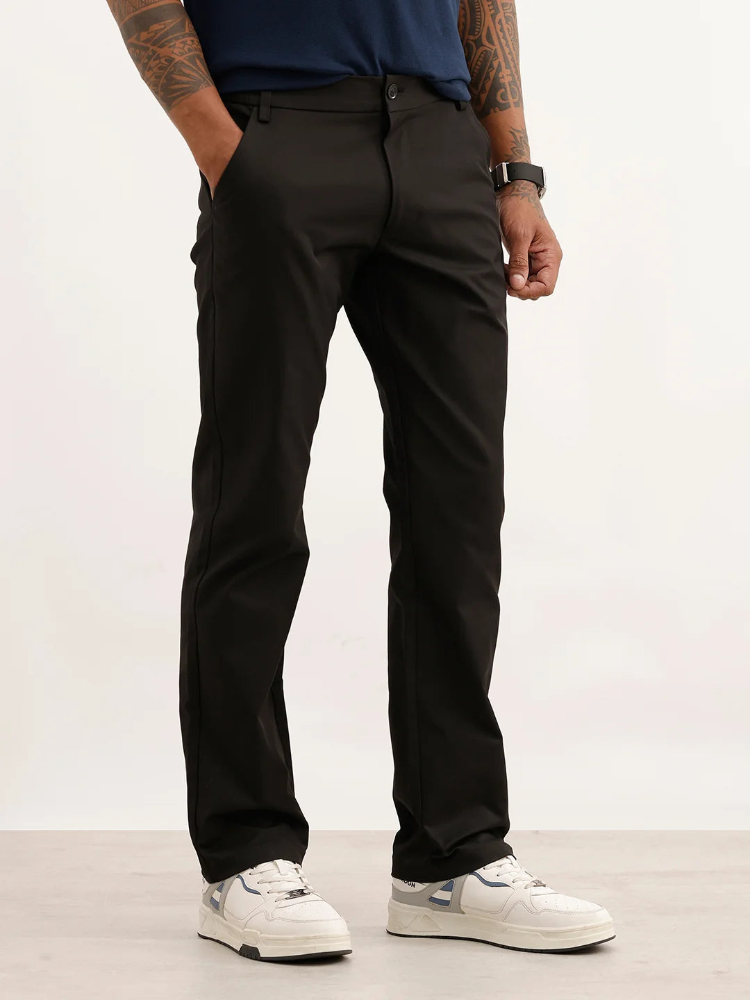 Solid Straight Fit Blended Trouser | Black