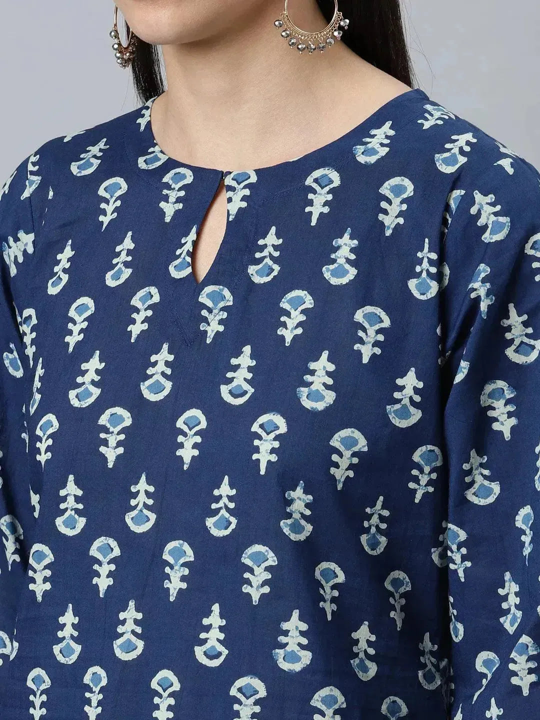 Libas Blue Printed Cotton Straight Suit Set With Dupatta